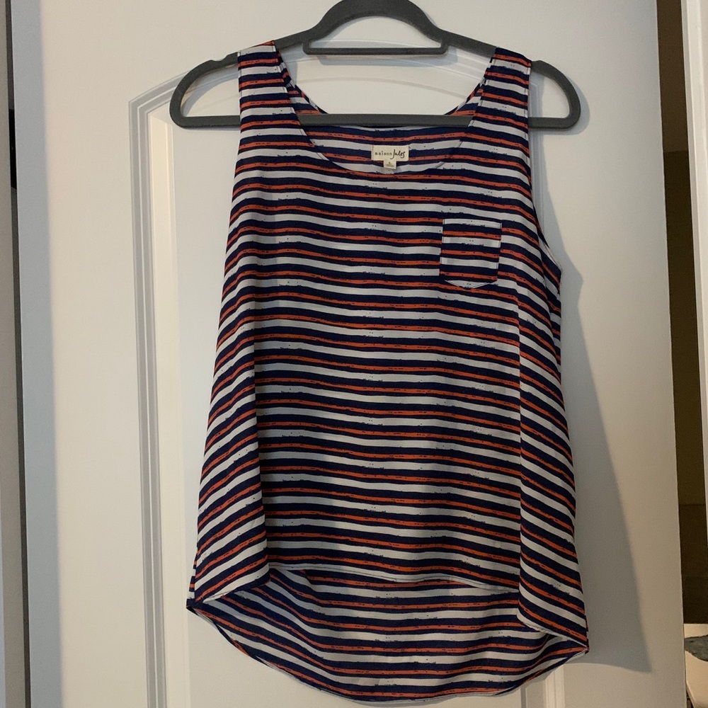 Striped navy, pink and white sheer top.